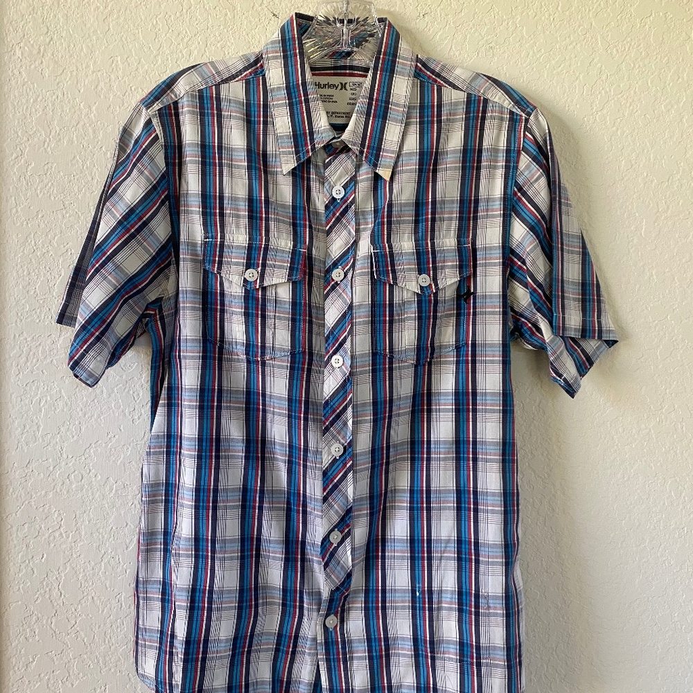 Hurley Short Sleeve Button Down Shirt Plaid Blue White Red Small S 2000s Y2K